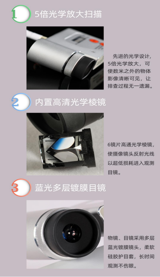 1、電磁波探測模式
探測器自帶射頻（ RF）探測天線、當探測到目標設備所發射的電磁波信號時候，設備面板信號強度指示燈將會對信號強度進行指示，同時內置蜂鳴器將進行聲音提示。通過頂部的旋鈕可以調節探測器的射頻信號探測靈敏度，開機默認靈敏度最低，繼續順時針旋轉可增加靈敏度，當射頻電平指示燈第一個信號燈點亮的時候靈敏度處于最高狀態，探測定位器/竊聽器一般使用中等靈敏度即可，探測wiFi攝像機需要使用較高靈敏度去探測。
2、光學鏡頭探測模式
首先打開探測器電源，然后按下面板SCAN按鍵，探測器的光束發射器將發射特殊波長和頻率的光束，使用者手持探測儀，眼睛靠近目鏡進行觀測，當發射器所發射的光束照射到被探攝像機的光學鏡頭時，由于攝像機光學鏡頭物鏡的第一片基本都是采用的凸透鏡，凸透鏡會對探測儀發射的入射光線進行聚焦和反射，反射光線以180度角原路反射至光源發射點后面安裝的觀察目鏡當中，光線經由物鏡進入5倍光學放大，最終通過目鏡鏡片投射到觀察者的視網膜上進行成像，觀察者通過目鏡將能清晰的看到被探攝像機的鏡頭呈1.6HZ頻率的光點閃爍，然后就可以進一步對光點閃爍處進行排查是否安裝有微型攝像機。
3、紅外線探測模式
短按面板按鍵speaker on/off鍵可以開啟關閉探測報警提示音，長按該鍵兩秒可以將設備由探測射頻模式切換到探測紅外線模式。
當設備處于探測紅外線模式時，探測器前面板激光指示器開啟，面板前部紅外線探測傳感器處于接收狀態，使用者手持探測器對環境進行探測掃描，當紅外線探測器探測到環境中有超過設定強度值的紅外線時，探測器將發出聲光報警提示，同時激光指示器將會指示紅外線發射源的具體安裝位置，使用者可以很方便的找到被探測目標設備。
